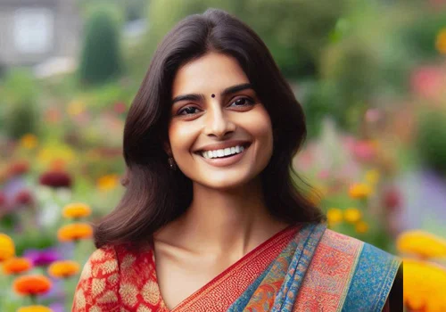Woman smiling in a saree amid a flower garden